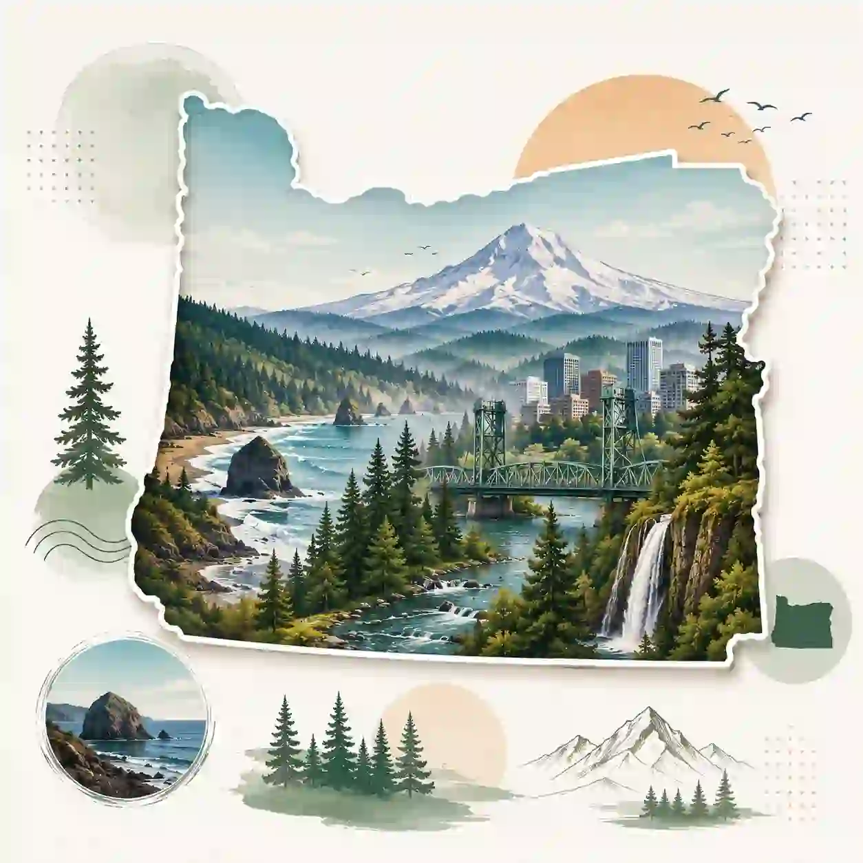 Oregon state map with icons for mobile, office, remote team and call center connected to a central phone pin